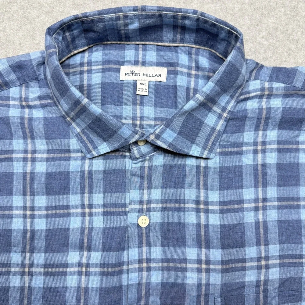 Peter Millar Shirt Mens XXL Blue Plaid Crown Long Sleeve‎ Casual Button Up